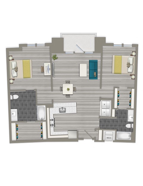 rendering of a 2 bedroom apartment with balcony at crest at skyland town center in washington dc